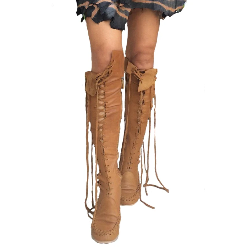 Hohe Qualität Neue PU Stiefel Für Frauen Sexy Spitze-up Über Das Knie Stiefel Mit Tan Schnürsenkel Mokassin Stiefel frauen Große Größe Schuhe Frauen