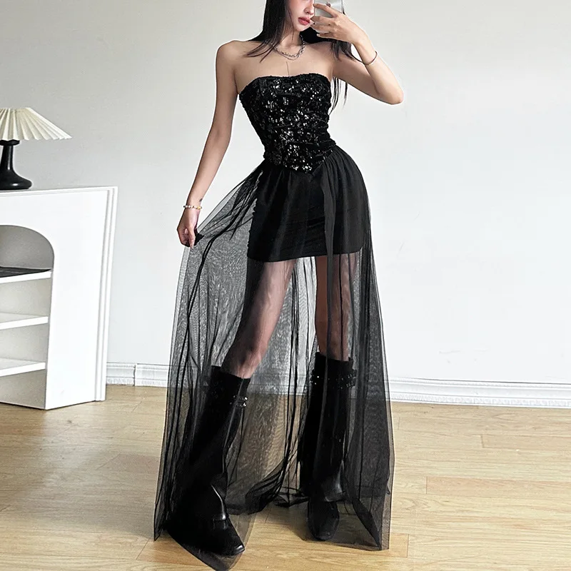 Nibber 2024 Winter Schwestern Party schwarz mysteriös sexy charmant schön elegant elegant reifen Frauen Brust Wrap Tüll Plissee Kleid
