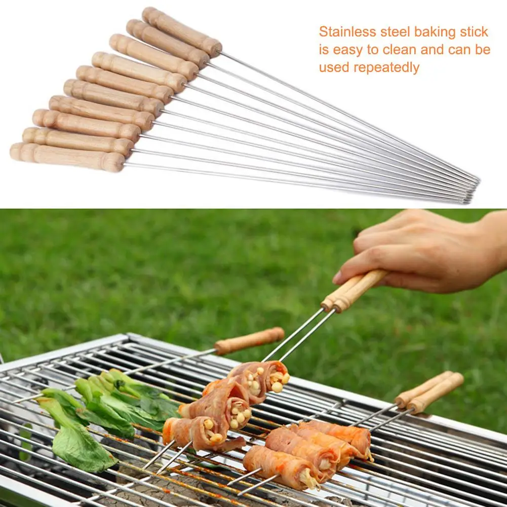 10 Stück Grills pieße langer Griff Schaschlik 30cm Grill grills tangen Holz Grill gabel Edelstahl Außen grill Nadel beutel Image