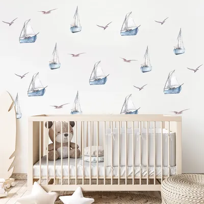 Freihandgemälde Segelboot Seevogel Wandaufkleber Kinderzimmer Wandkunst Wohnzimmer Dekoration für Schlafzimmer Wandtattoos DIY Image