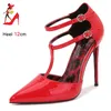 Neue 12cm Super High Heels Designer Knöchel riemen Sandalen plus Größe 46 Hochzeits feier Schuh sexy T-Strap spitzen Zehen ol Damenschuhe