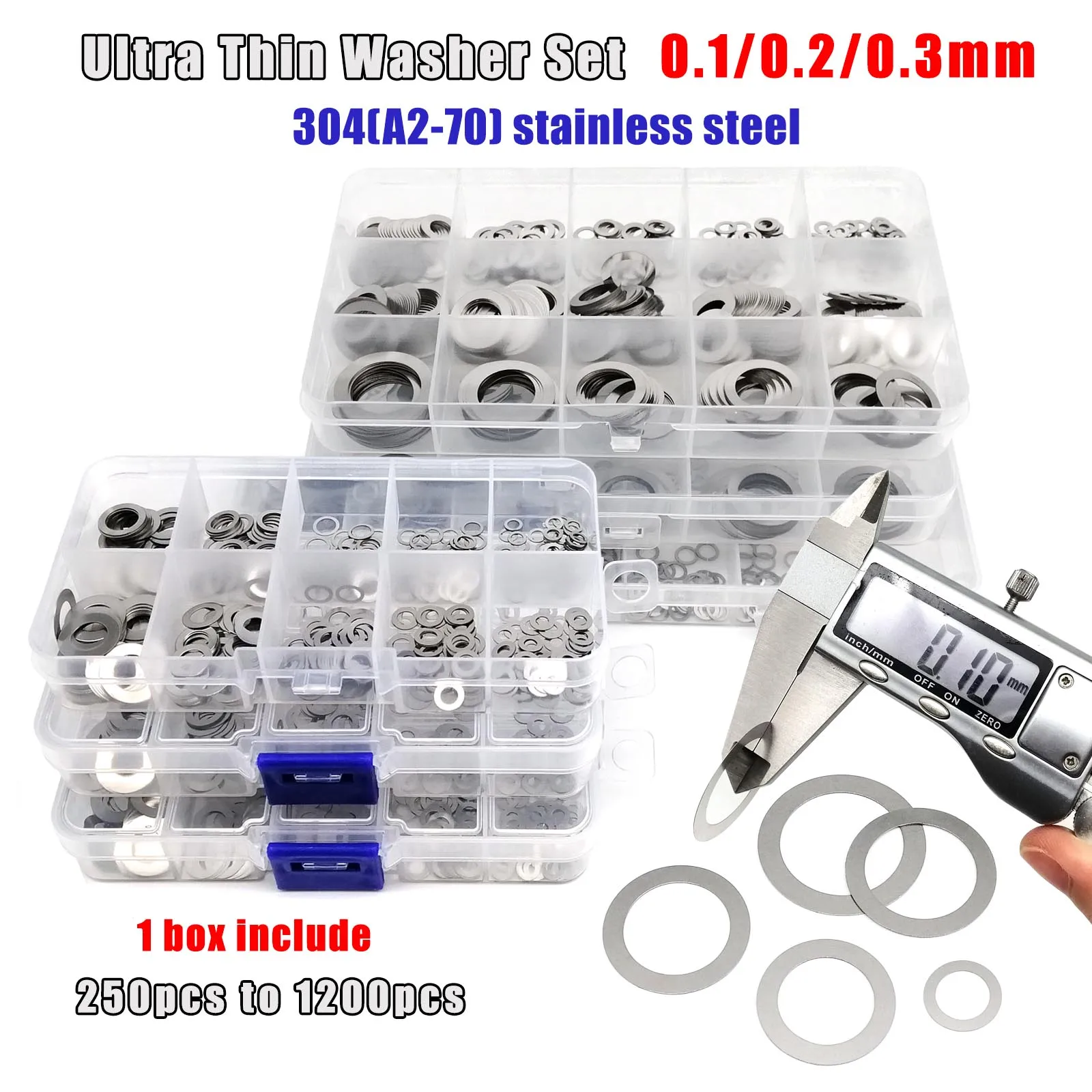 1 Box, 0,1 mm, 0,2 mm, 0,3 mm dick, ultradünne flache Unterlegscheibe, Einstellscheibe, einfaches Dichtungsset, Mixgröße M3 bis M20, 304 Edelstahl Image