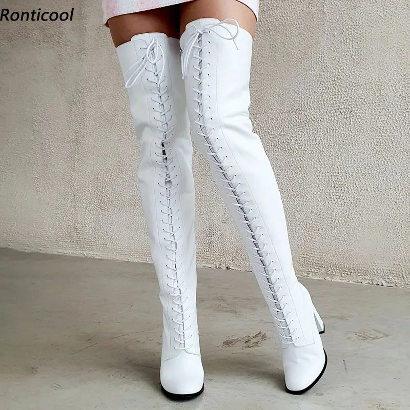 Ronticool Handgemachte Frauen Winter Oberschenkel Stiefel Faux Leder Chunky Heels Runde Kappe Elegante Weiß Casual Schuhe Uns Größe 5-20