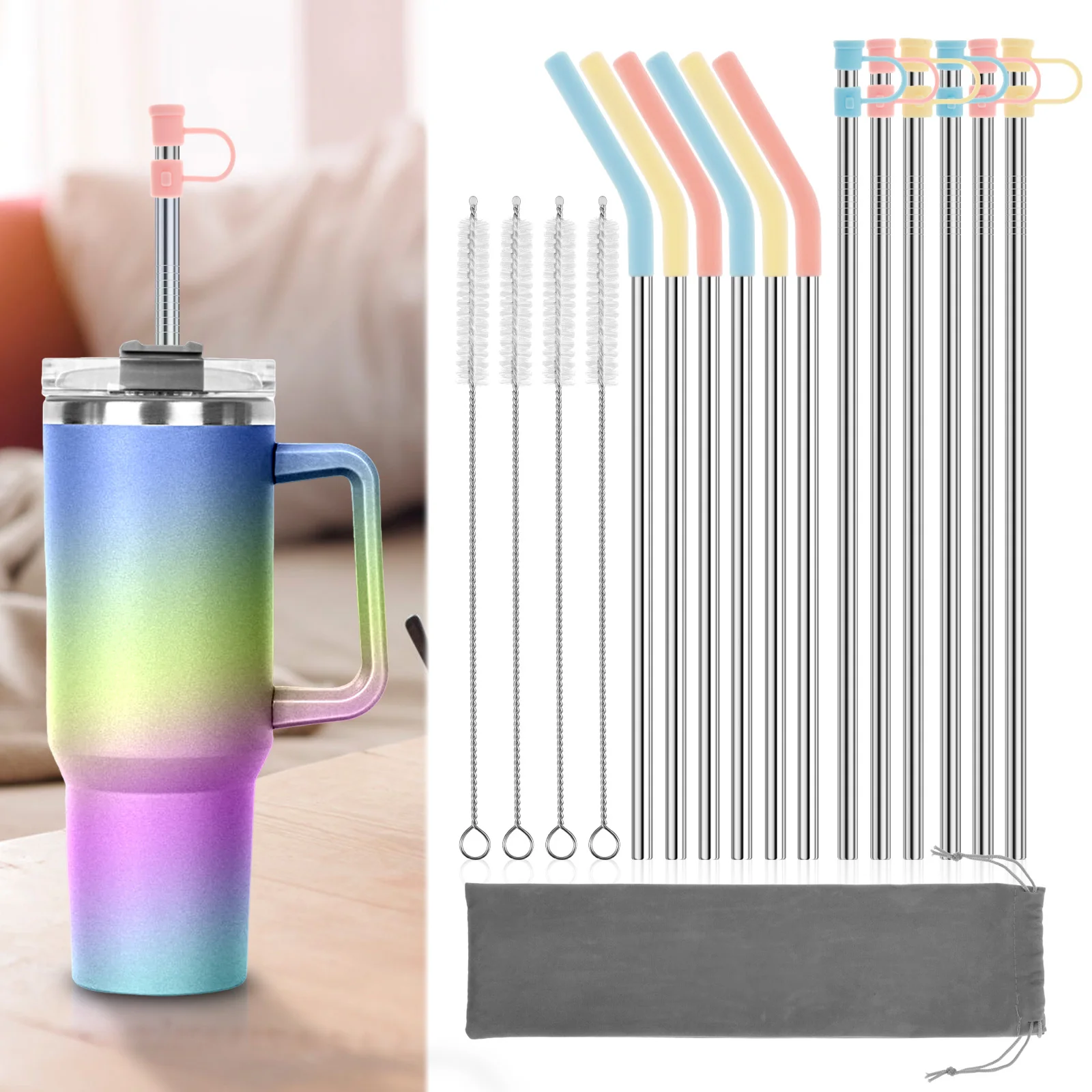 12/10 Stück wiederverwendbare Trinkhalme aus Metall, 304 Edelstahl, gerade gebogene Strohhalme mit Reinigungsbürste für Tassen, Tumbler, Bar, Party Image