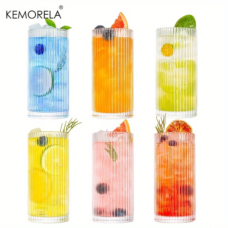 KEMORELA Trinkgläser, Origami-Stil, 6 Stück, Glasbecher, 400 ml, Highball-Gläser, Vintage-Glaswaren, geripptes Glas für Cocktail-Whisky Image