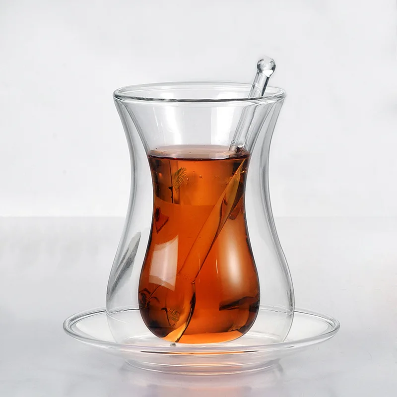 Schönheit Schwarz Tee Tasse Untertasse Teelöffel Sets Türkische Bohea Doppelwandige Glas Isolierte Thermische Café ESPRESSO SHOT Kaffee Becher Teetasse Image
