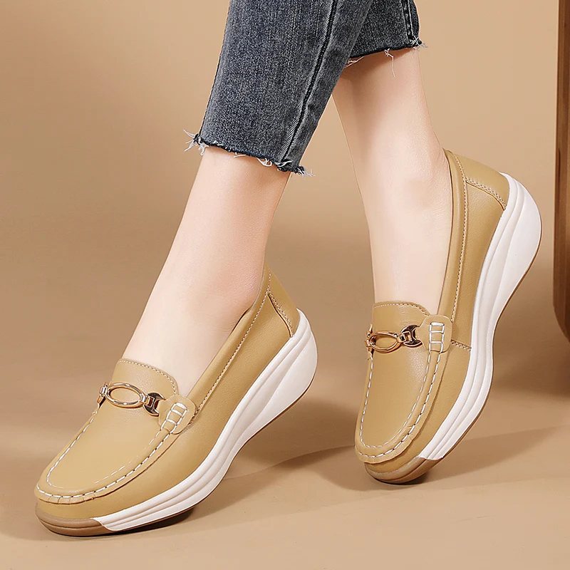 2025 neue frühling/herbst wohnungen echtes leder mokassins frau casual slip-on loafers weibliche schwarz boot schuhe große größe 41