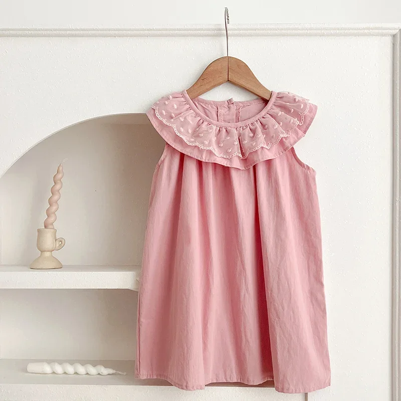 1-7 Jahre Sommer Kinder Kleid Mädchen ärmelloses Kleid Kinder Kleidung gekräuselte Spitze Kragen Saum Baumwolle Weste rosa Prinzessin Kleid Image