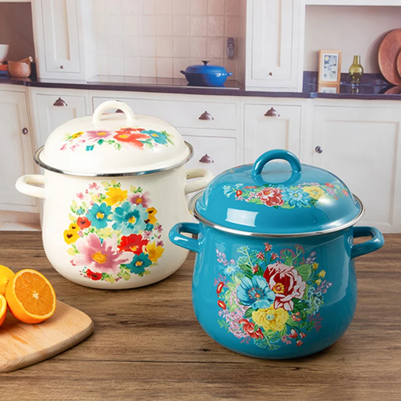 Emaille Topf Koch gerät Retro Kochtopf mit Deckel hohe große Kapazität Suppen topf Haushalt Eintopf Topf Utensilien für die Küche Image