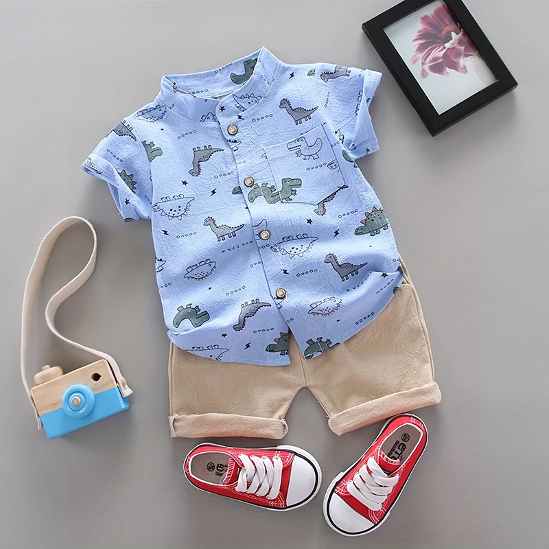 Kinder Sommer Dinosaurier zufällig bedruckte Hemd Kurzarm Shorts Set Image