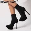 Reave Katze Marke Schuhe dehnbare Satin Stiefeletten spitze Zehen Plattform 4,5 cm dünne High Heels 14,5 cm große Größe 43 sexy Damen stiefel