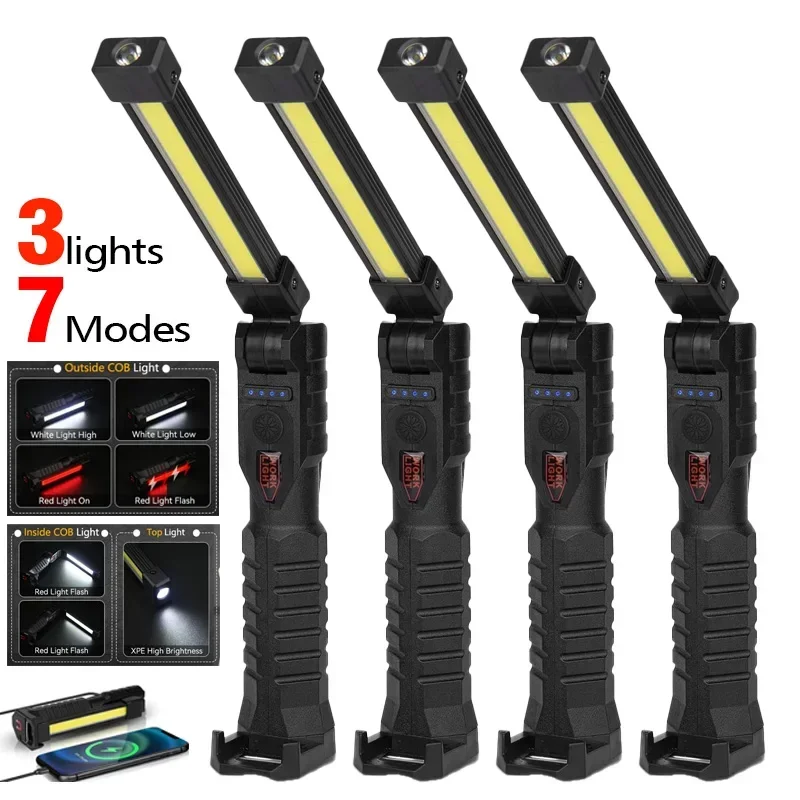 Neue faltbare COB-Taschenlampe, LED-Arbeitsleuchte, Hängehaken, 7 Modi, magnetische USB-wiederaufladbare Taschenlampe, tragbares Arbeitsblitzlicht
