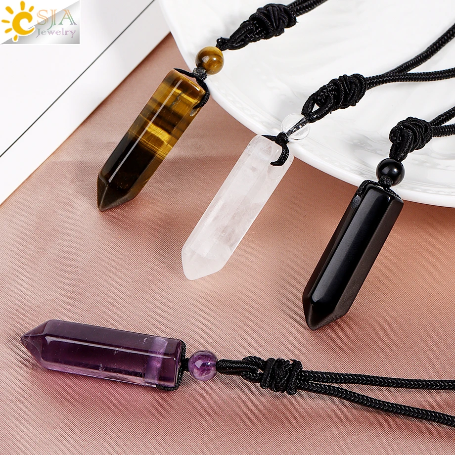 CSJA Sechseckige Naturstein-Anhänger-Kristall-Halskette für Damen und Herren, Amethyst, Tigerauge, schwarzer Obsidian, verstellbare Seilkette H477 Image