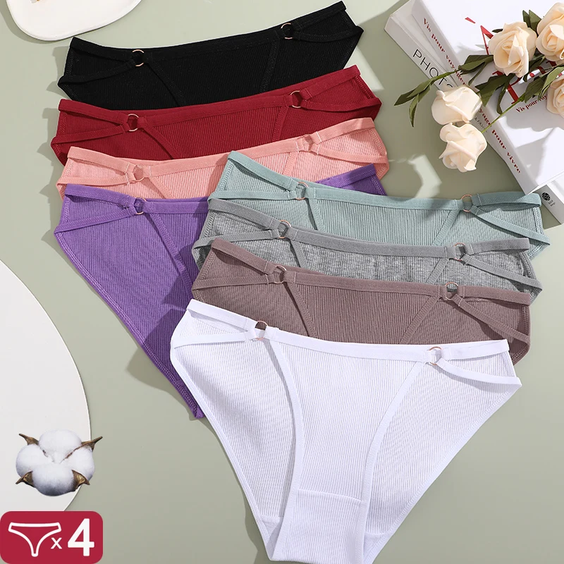 Finetoo 4 teile/satz sexy niedrig taillierte einfarbige Dessous einfarbig nahtlose Seite ausgehöhlt Höschen Slips spurlose Hosen Image