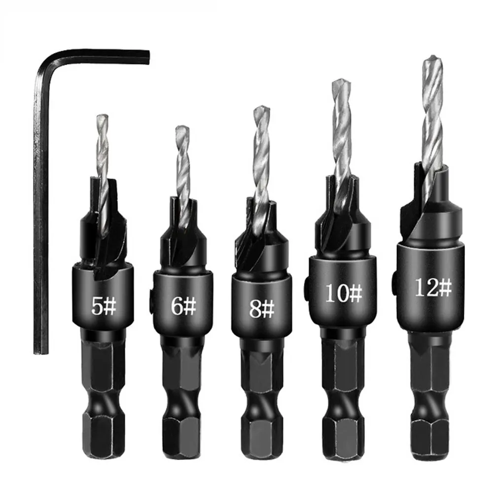 5pc Holzbearbeitung Tapper Sechskantschaft Schraube Senkkopf Bohrer Kegel Bohrer Loch Bohren und Reiben Hardware Werkzeug Set Image