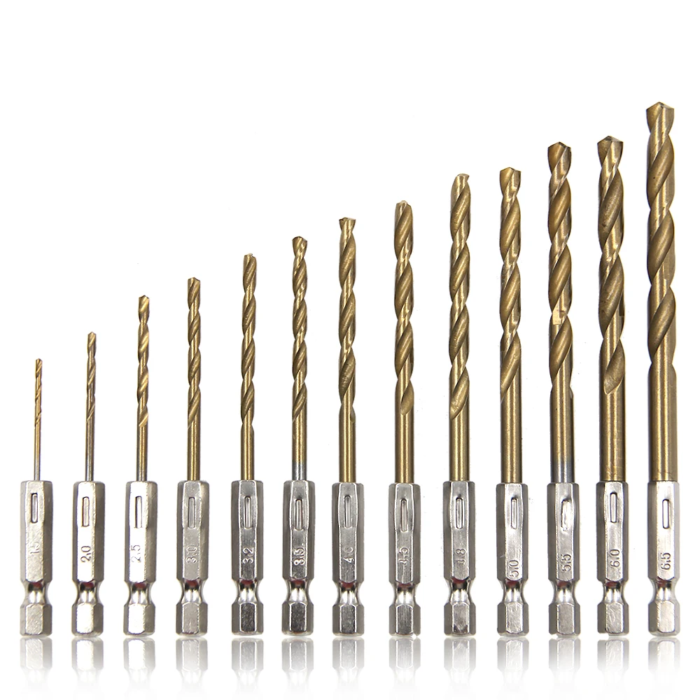 Sechskantgriff, 13-teilig, titanbeschichtet, Spiralbohrer, 1,5–6,5 mm, elektrischer Bohrschrauber, Bohren, Luftschraubendreher, Werkzeug, Zubehör-Set Image