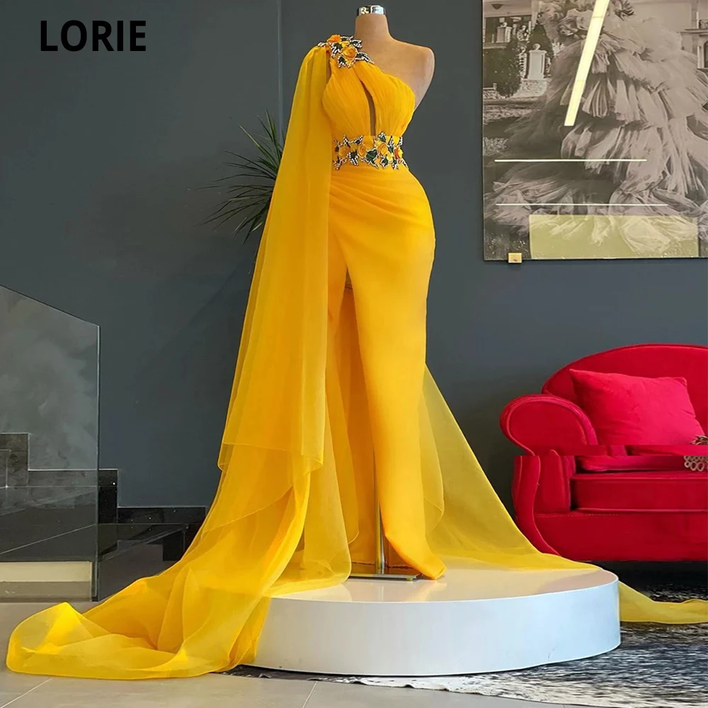Lorie hochwertige gelbe Ballkleid eine Schulter Applikationen Schlitz Tüll plus Größe Frauen lange formelle Abend party elegante Kleider