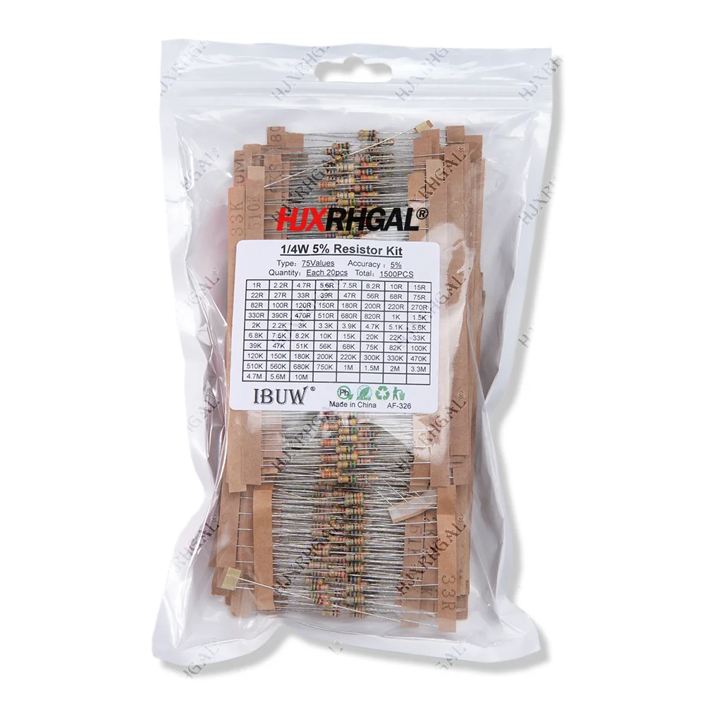 1500 Stück 1/4 W Kohleschichtwiderstände, sortiertes Kit, 75 Werte (1 Ohm ~ 10 M Ohm), Widerstand 5 % Toleranz, Widerstandspaket Image