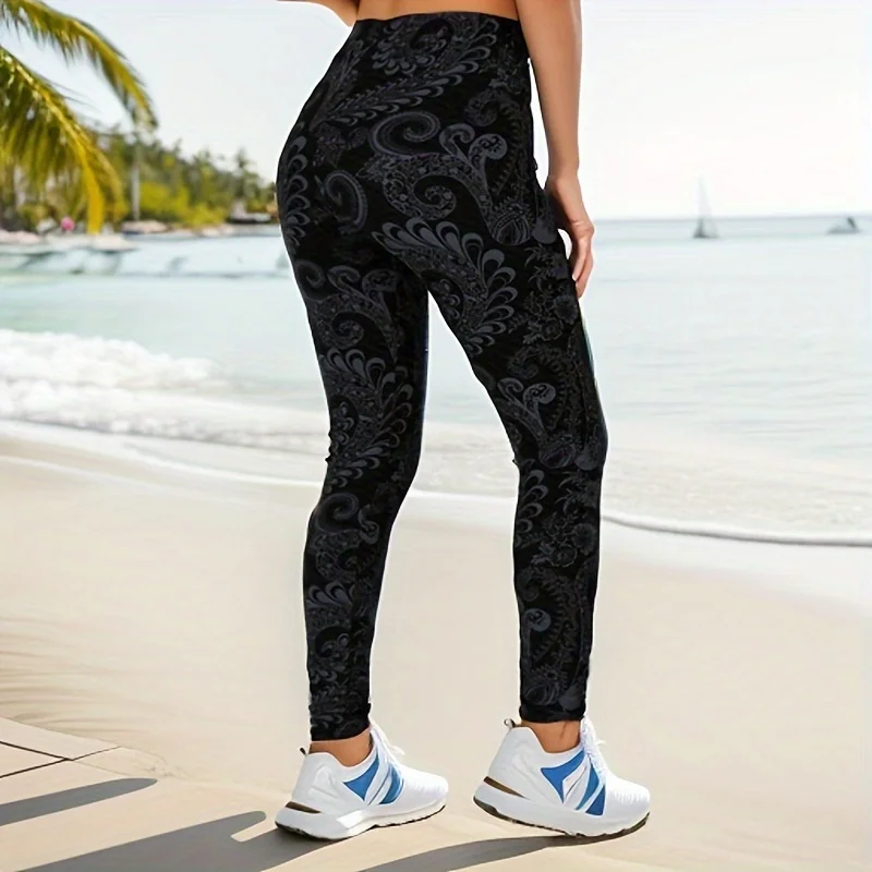 PD88 Black Bottom Floral Vine Europäische und amerikanische Mode Lässige elegante Leggings Damen bedruckte Leggings Push-up elastische Wai Image