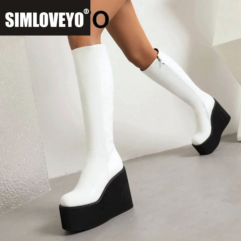 SIMLOVEYO Kniehohe Damenstiefel, 37 cm, runde Zehen, Keilabsatz, 11,5 cm Plattform, 6 cm Reißverschluss, Übergröße 43 Winterschuhe