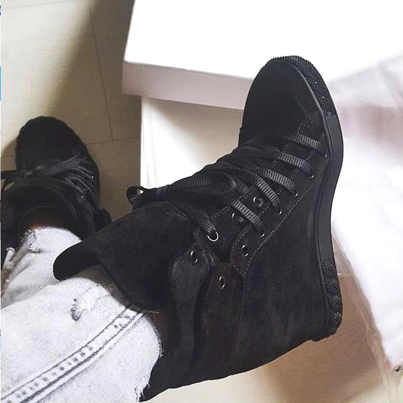 Frühling Mode Schwarz Wildleder Leder Frauen Erhöhte Heel Casual Stil Schuhe Lace Up Damen Hohe Qualität Roma Stil Wohnungen Sneaker