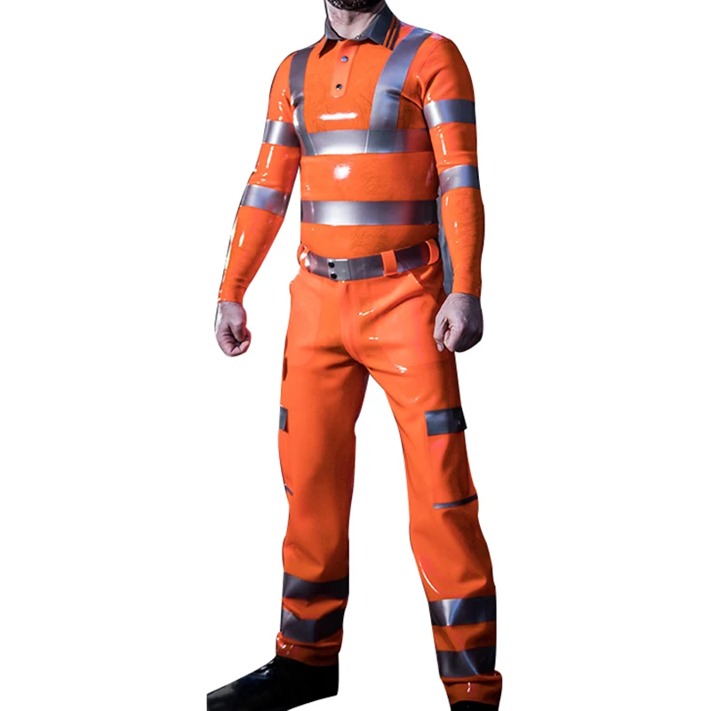 Silber und Orange Sexy Latex Poloshirts Top Cargohose Gummi Jeans Hose unten YF-0428