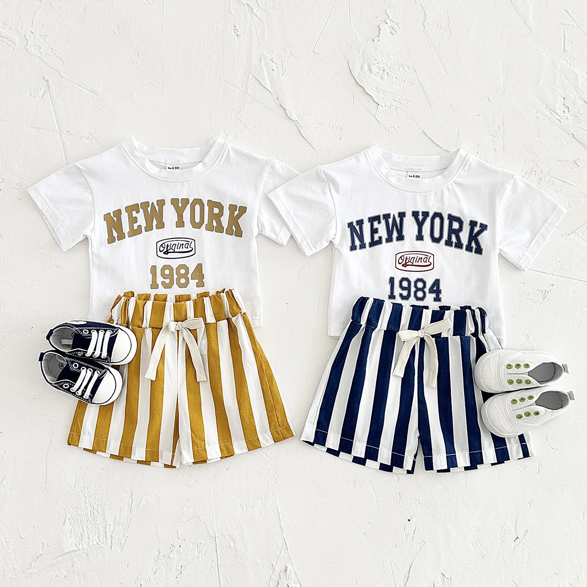 2 Stück Sommer Neugeborene Jungen Kleidung Baby Kleinkind Set Brief New York Print T-Shirt Bars Shorts Baby Outfit Anzug 0-3y Image