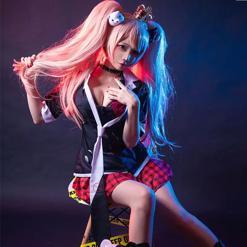 Anime Danganronpa Cosplay Kostüm Enoshima Junko Uniform Café Arbeit Kleidung Kurzen Rock Doppel Schwanz Geflecht Perücke Image
