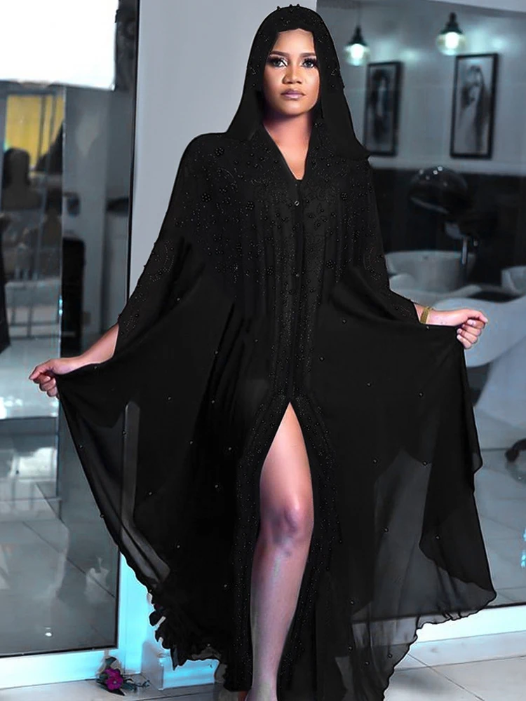 Abaya Femme Musulman Dubai Truthahn schwarz Kaftan Langarm Chiffon Kapuzen kleider Hochzeits feier Abschluss ball Abendkleid islamische Sets Image