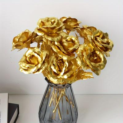 TEMU 10 Pack 24k Golden Foil Artificial Roses, Plastic Everlasting Fake Flowers, Romantic Gift For Her On Valentine's Day, Anniversary, Birthday, Vase Filler And Holiday Decor