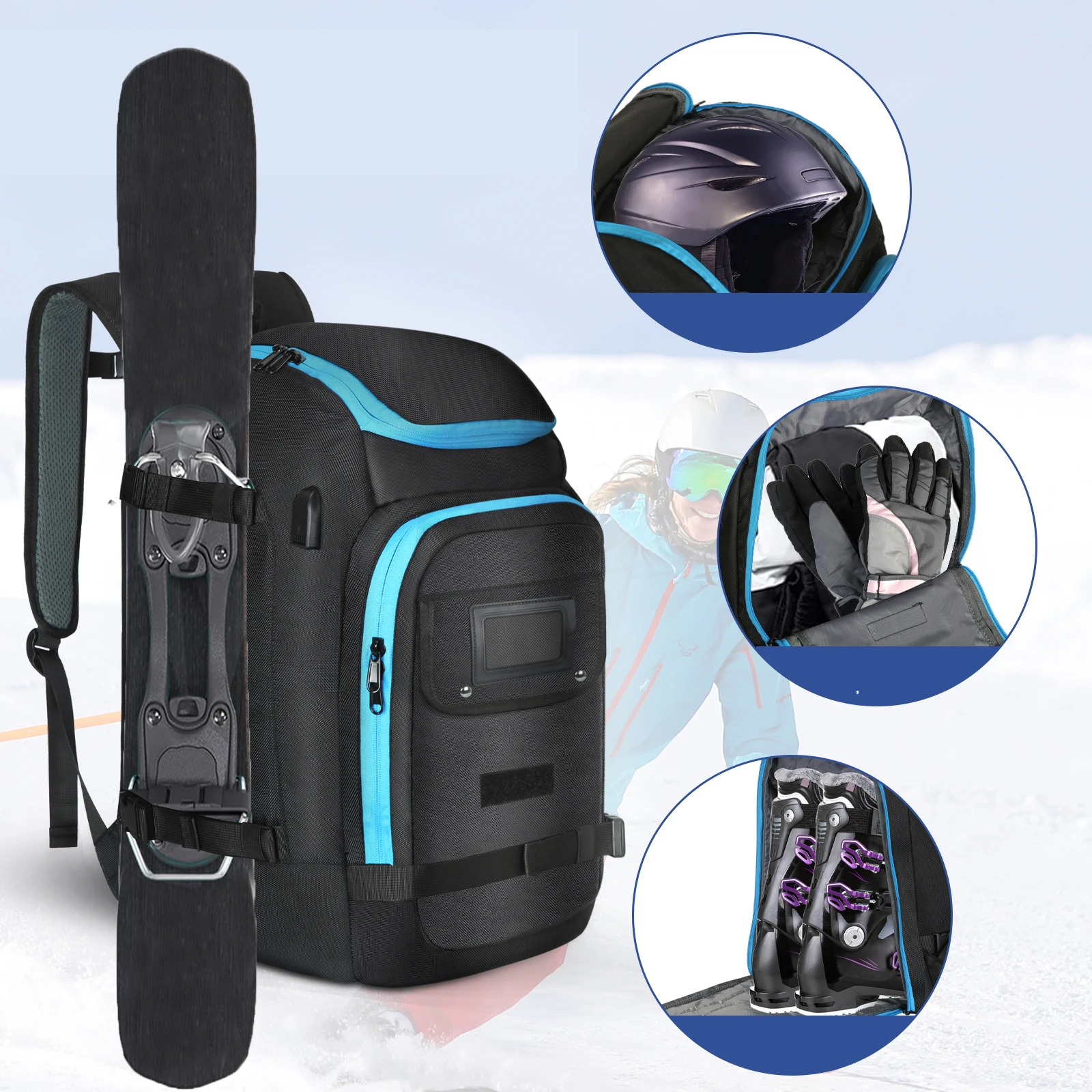 Borsa per scarponi da sci Capacità per sci all'aperto Zaino grande Unisex Separazione asciutta e bagnata Caschi di stoccaggio impermeabili Guanti per stivali Snowboard