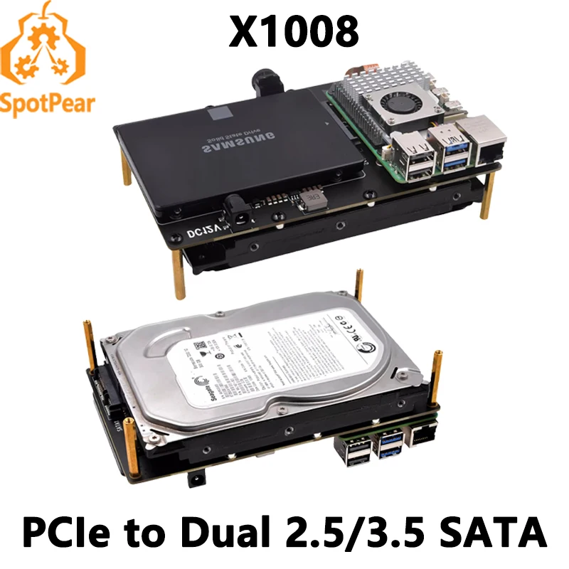 X1008 raspberry pi 5 pcie bis 2.5 "3.5" sata hdd/ssd dual double-sata (nicht boot von sata/ssd Image