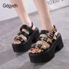 Gdgydh Sexy Gold Schnalle Chunky Ferse Hohe Plattform Sandalen für Frauen Punk Goth Schuhe Backless