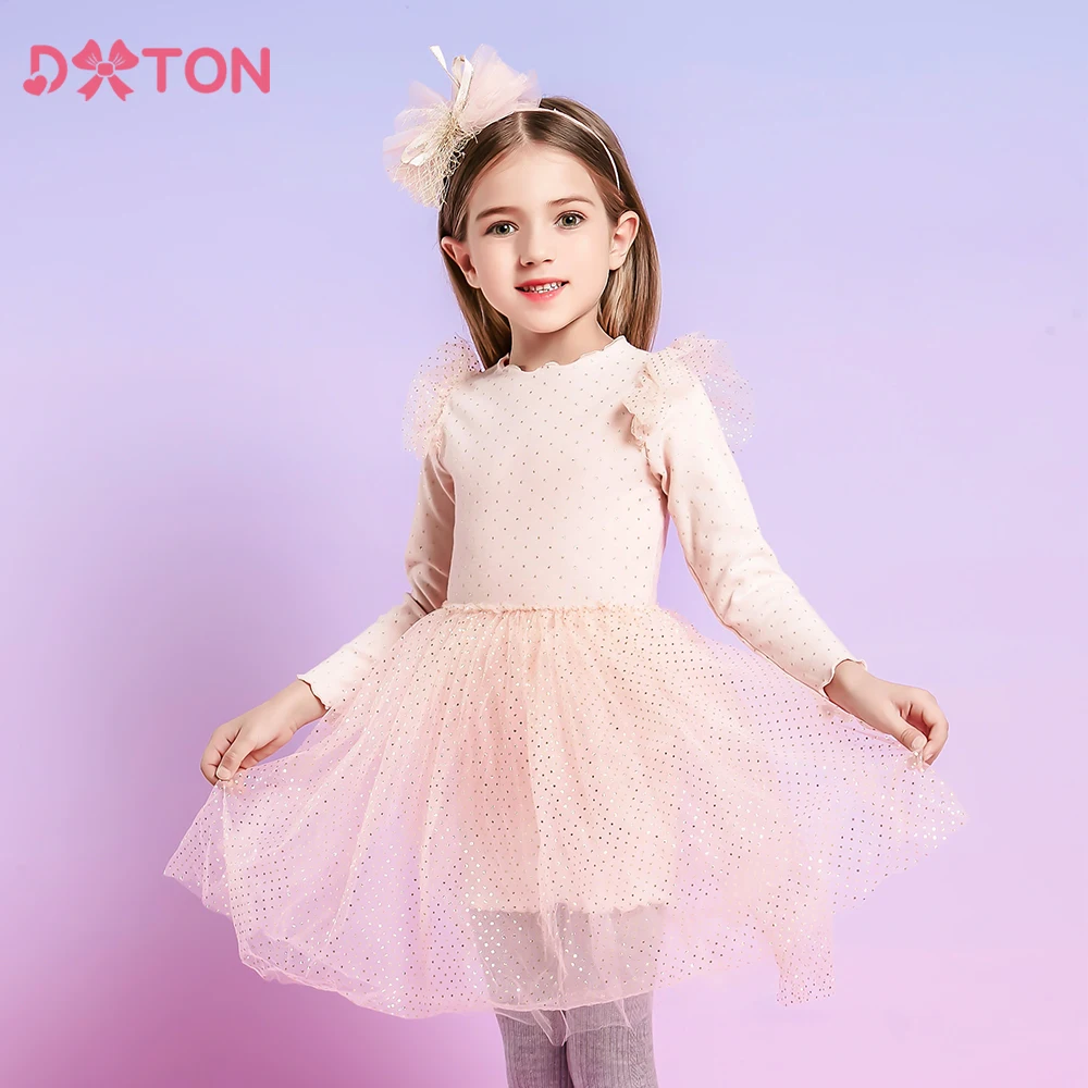 Dxton Kinder Prinzessin Kleider Herbst gestrickte Kinder Kleidung fliegende Ärmel Tüll Party kleider für Mädchen Dot Print Freizeit kleidung Image
