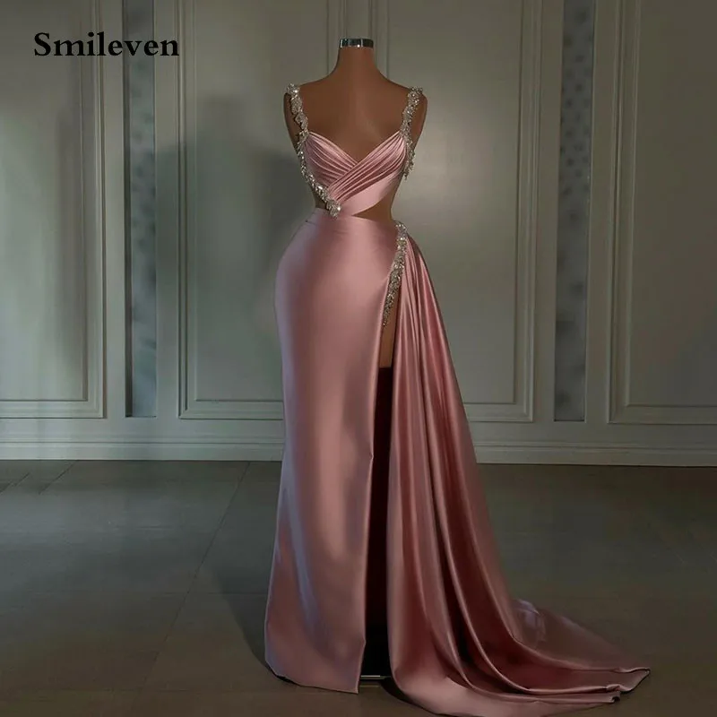 Smileven Rose Rosa Formales Abendkleid Perlen Spaghettiträger Ballkleider Robe de Soirée Sexy SideSplit Partykleider Maßgeschneidert