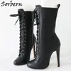 Sorbern Custom Vintage Round Toe Boots Burlesque High Heels Low Calf High Arch Schuhe Wide Leg Stilettos Black Matt Boot