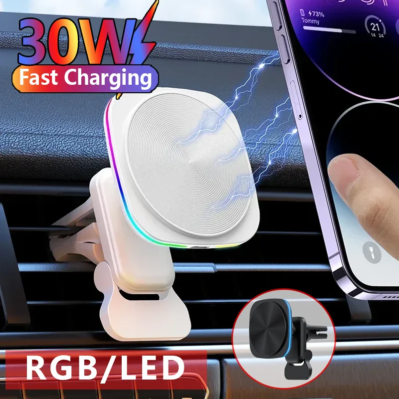 30w magnetisches Auto kabelloses Ladegerät RGB Telefon halter Stand Auto halterung für iPhone 15 14 13 12 Pro Max Auto Schnell ladestation Image