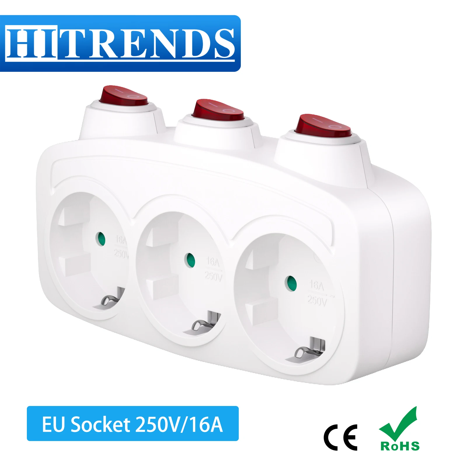 Mehrfachstecker-EU-Steckdosenadapter mit EIN/AUS-Einzelschalter, 250 V, europäischer Standard, mehrere Steckdosen, Wechselstrom-Konverter Image