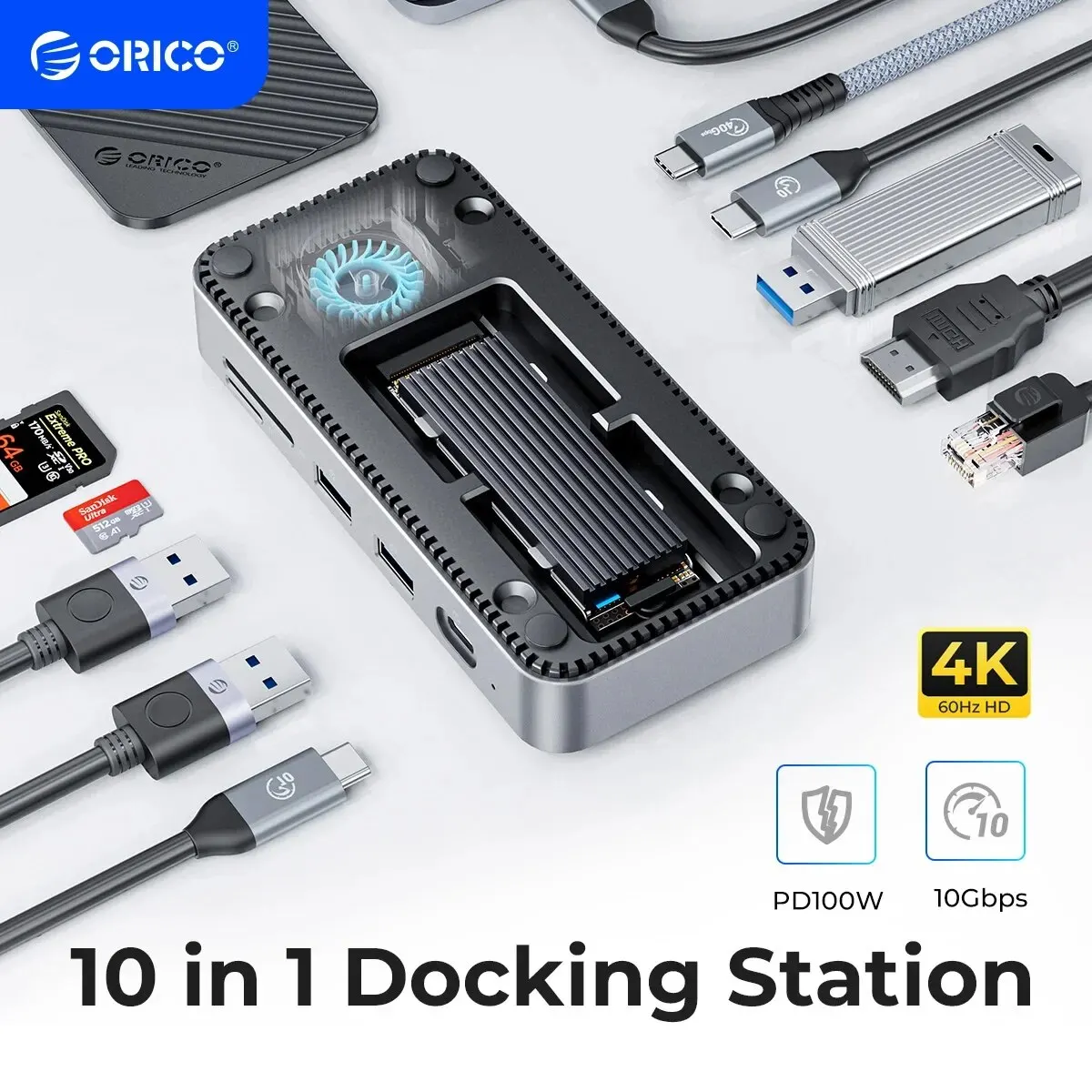 ORICO DPM2P9 USB C HUB mit Lüfter M.2 NVMe SSD-Gehäuse Externe 10 Gbit/s 4K, 60 Hz HDMI-Com, RJ45 SDTF Dockingstation Image