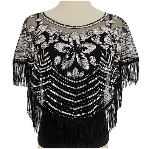 Vintage-Glamour-Schal – atmungsaktiv, mit Pailletten verziert, mit Quasten besetzt, eleganter Flapper-Stil mit passendem Mantel für Damen-Abendgarderobe – dünn, kurz, Kittel-Design, perfekt für Image