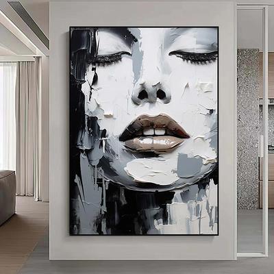 Beauty Sleeping Wall Art Abstract Face PaintingHand-painted Black and White Textured Painting Palette Knife Wall Art Home Decor Girl Face Girl's Room Home Decor Stretched Frame Ready to Hang