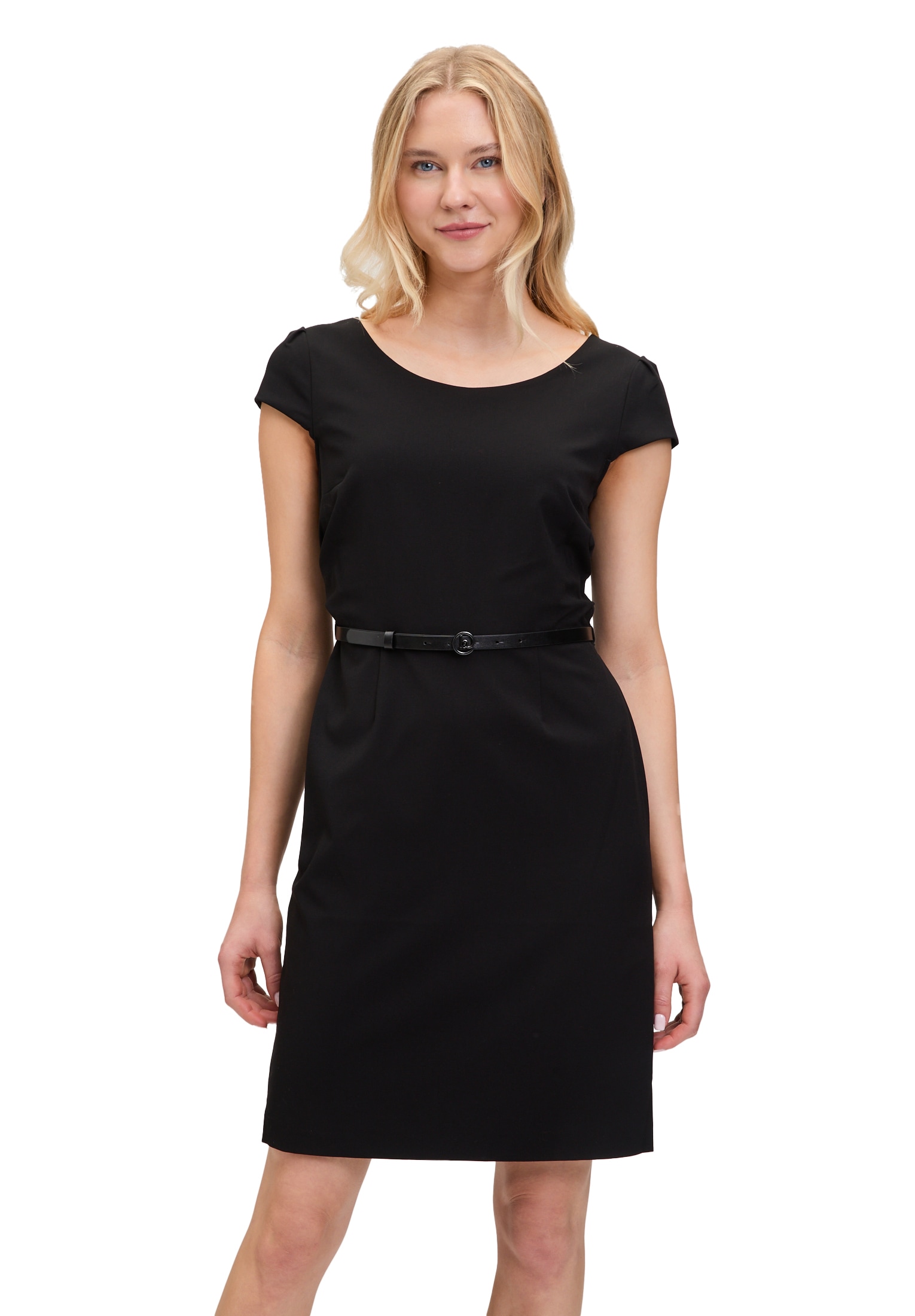 Etuikleid BETTY & CO "Damen Etuikleid mit Gürtel", Damen, Gr. 40, Normalgrößen, schwarz, Obermaterial: 59% Polyester, 37% Viskose, 4% Elasthan. Futter: 100% Polyester., tailliert kurz, Rundhals, Kleider, Gürtel Image