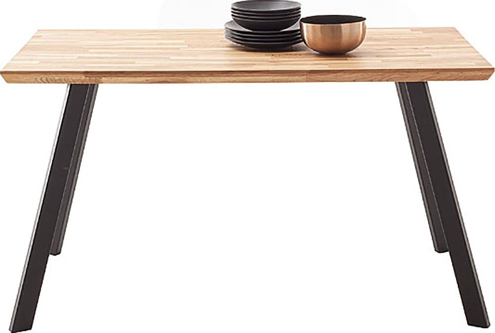 Esstisch MCA LIVING "Zeballos, TOPSELLER", beige (naturfarben, schwarz, naturfarben), B:140cm H:76cm T:75cm, Zerreiche keilgezinkt massiv geölt, Tische, Tischplatte aus Zerreiche, Schweizer Kante, belastbar bis 100 Kg Image