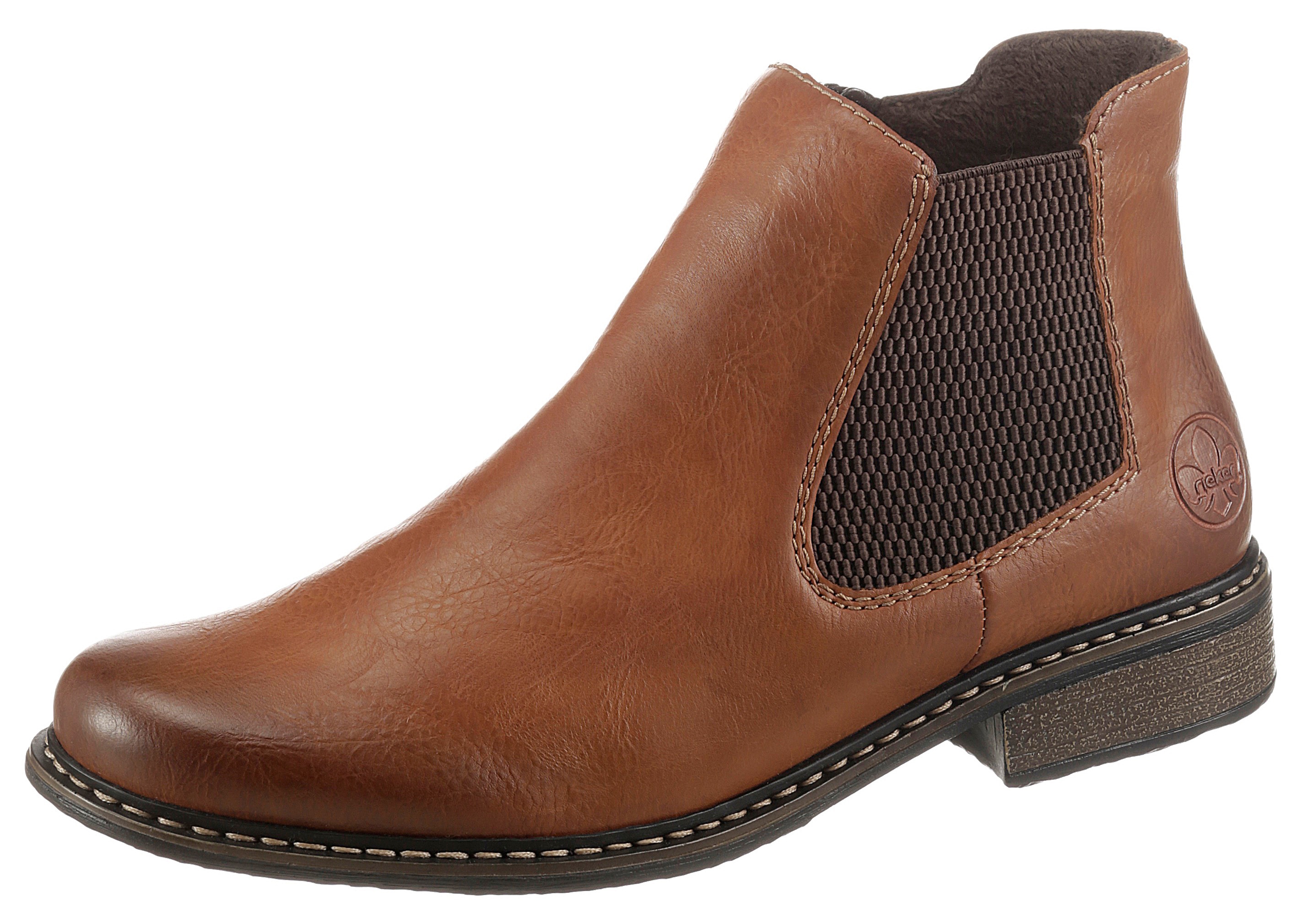 Chelseaboots RIEKER, Damen, Gr. 39, braun (cognac, used), Lederimitat, used, Klassisch, Schuhe, Stiefelette, Boots, Blockabsatz, in klassischer Optik, Topseller