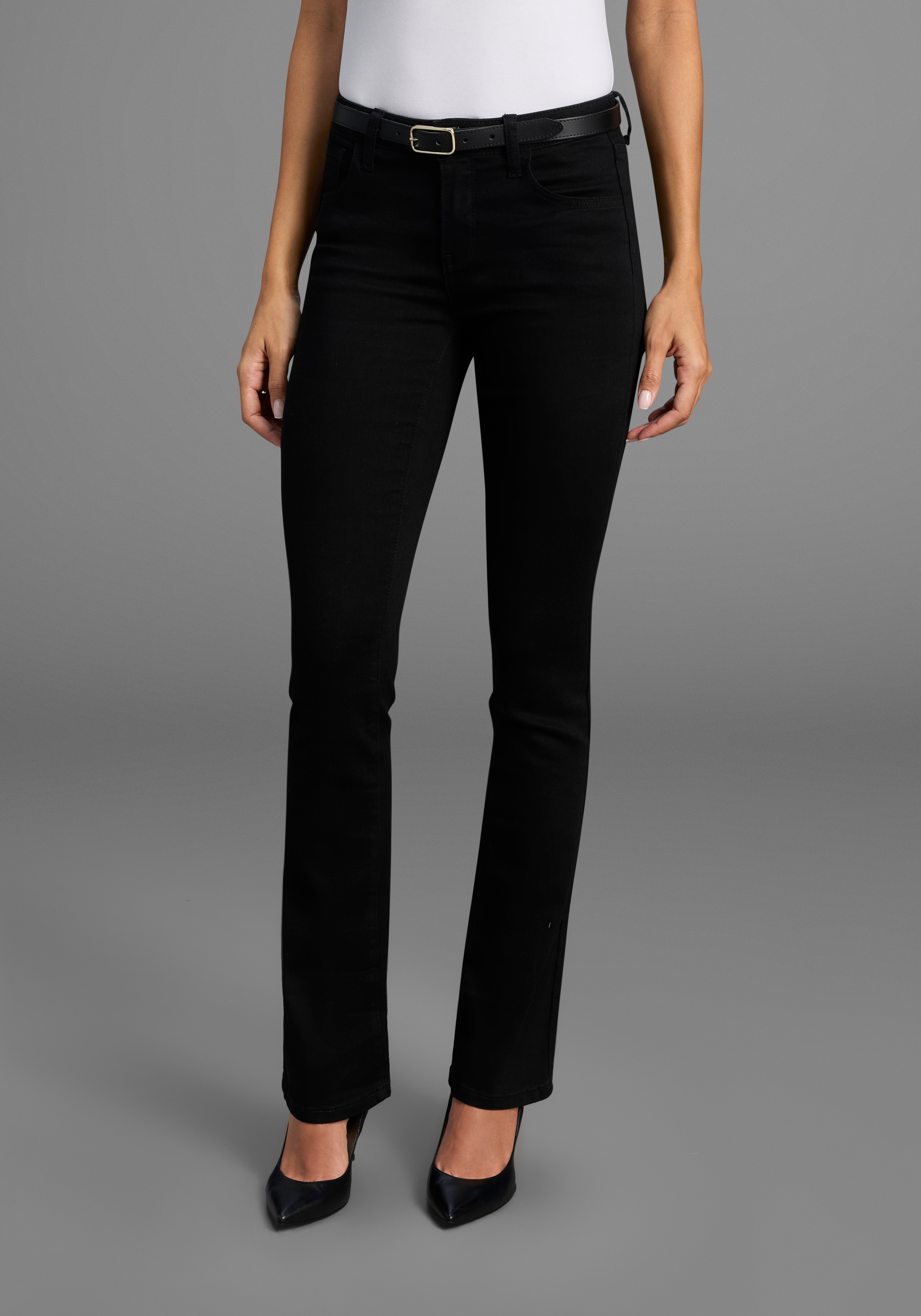 Bootcut-Jeans ARIZONA "Ultra-Stretch", Damen, Gr. 96, K + L Gr, schwarz (schwarz schwarz), Denim/Jeans, Obermaterial: 74% Baumwolle, 24% Polyester, 2% Elasthan, Basic, extraeng lang, Jeans, normale Passform, Baby-Bootcut, Used-Look-Waschung