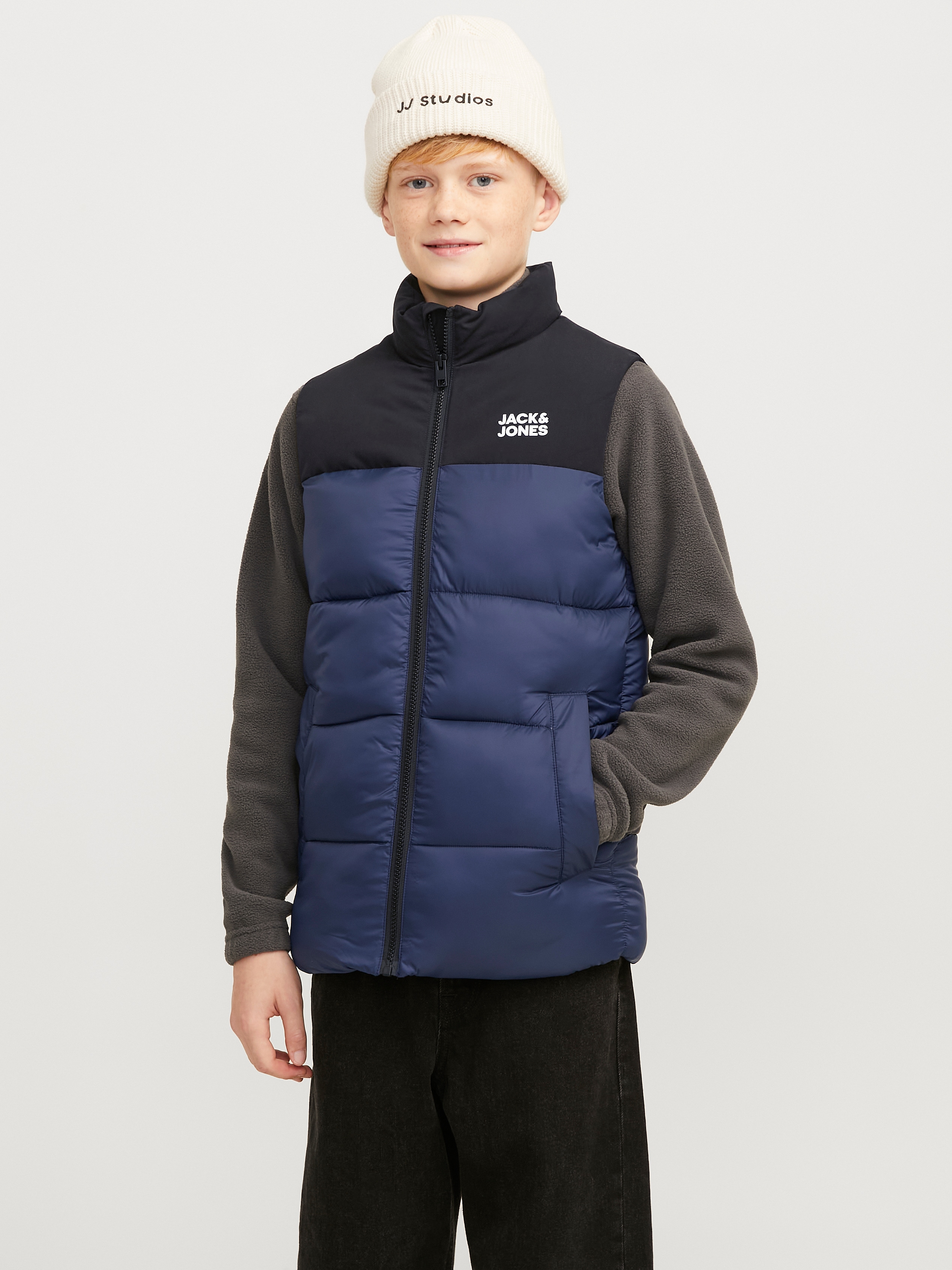 Steppweste JACK & JONES JUNIOR "JJETOBY einfach kombinierbar, gefüttert, stylisch", Jungen, Gr. 164, blau (navy blazer), Web, Obermaterial: 100% Polyester, colorblocking, regular fit, Westen Steppweste, colorblocking, casual, regular fit, Stehkragen