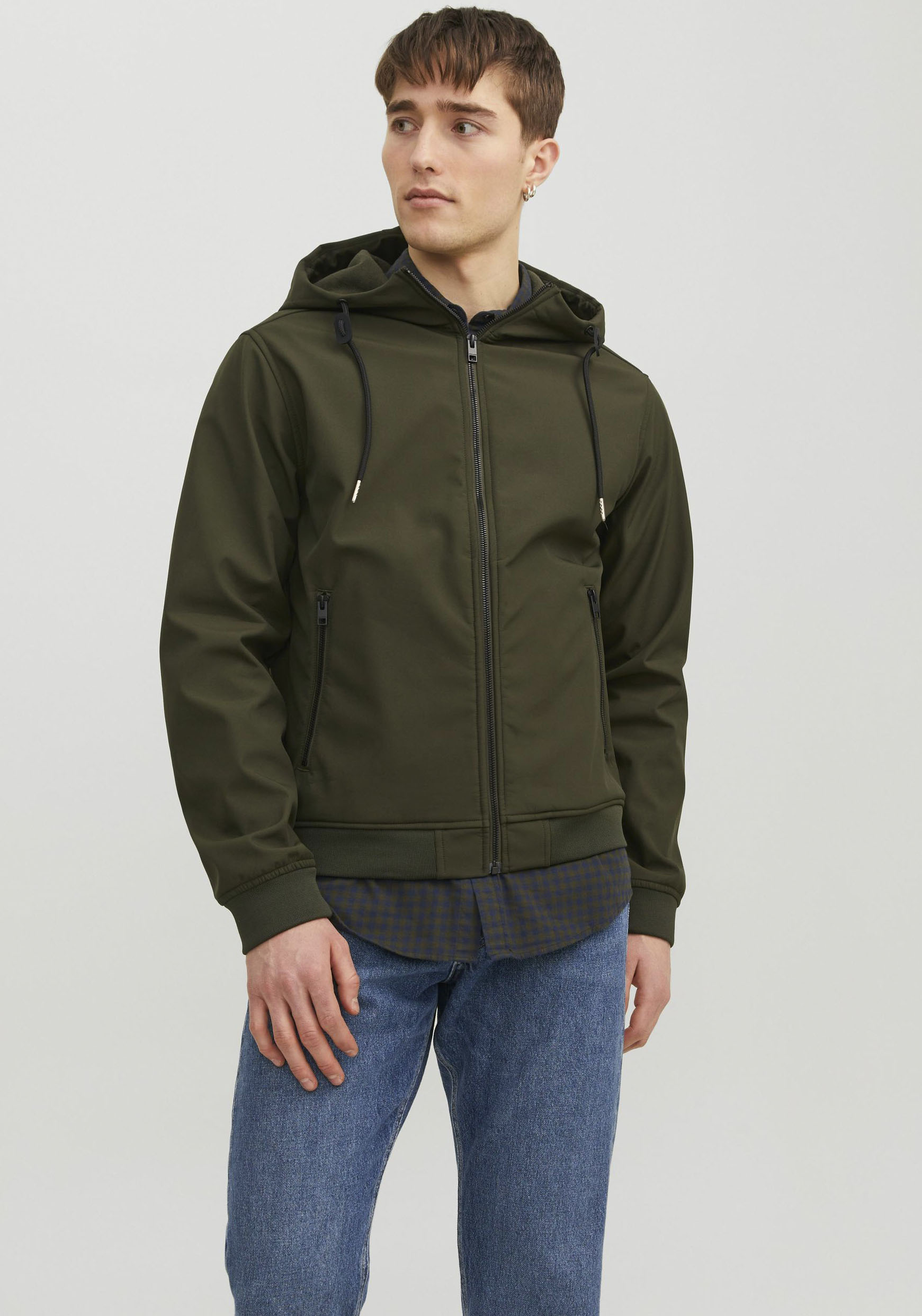 Softshelljacke JACK & JONES "JJEBASIC mit wasserabweisender Funktion", Herren, Gr. XS, grün (rosin), Web, Obermaterial: 100% Polyester, unifarben, regular fit normal, Bündchen, Jacken Softshelljacke, Kunstfaser, regular fit