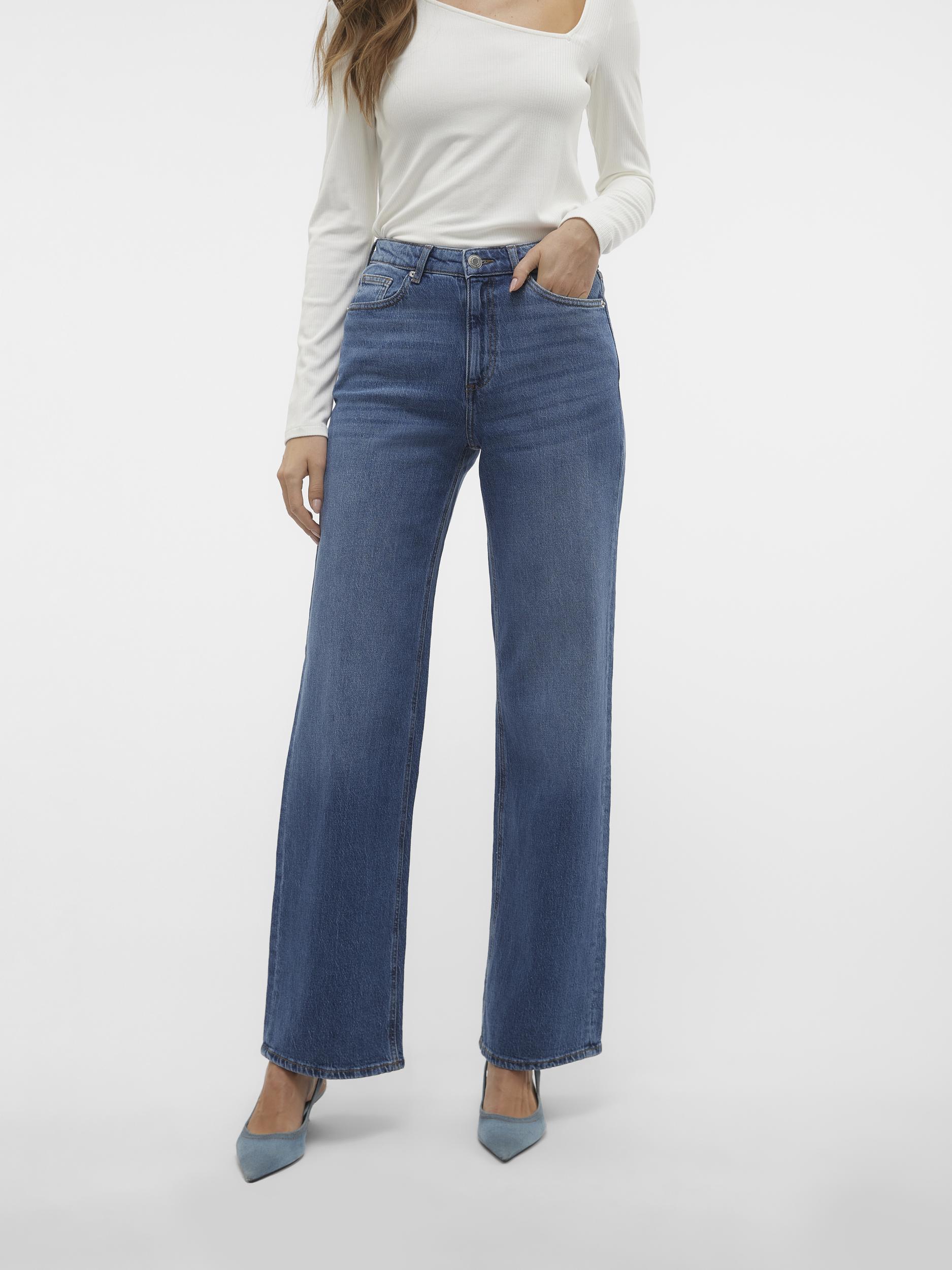 High-waist-Jeans VERO MODA "VMTESSA HR WIDE JEANS RA380 GA NOOS", Damen, Gr. 33, Länge 32, blau (medium blau denim), Denim/Jeans, Obermaterial: 99% Baumwolle, 1% Elasthan, unifarben, weit, Jeans High-Waist-Jeans