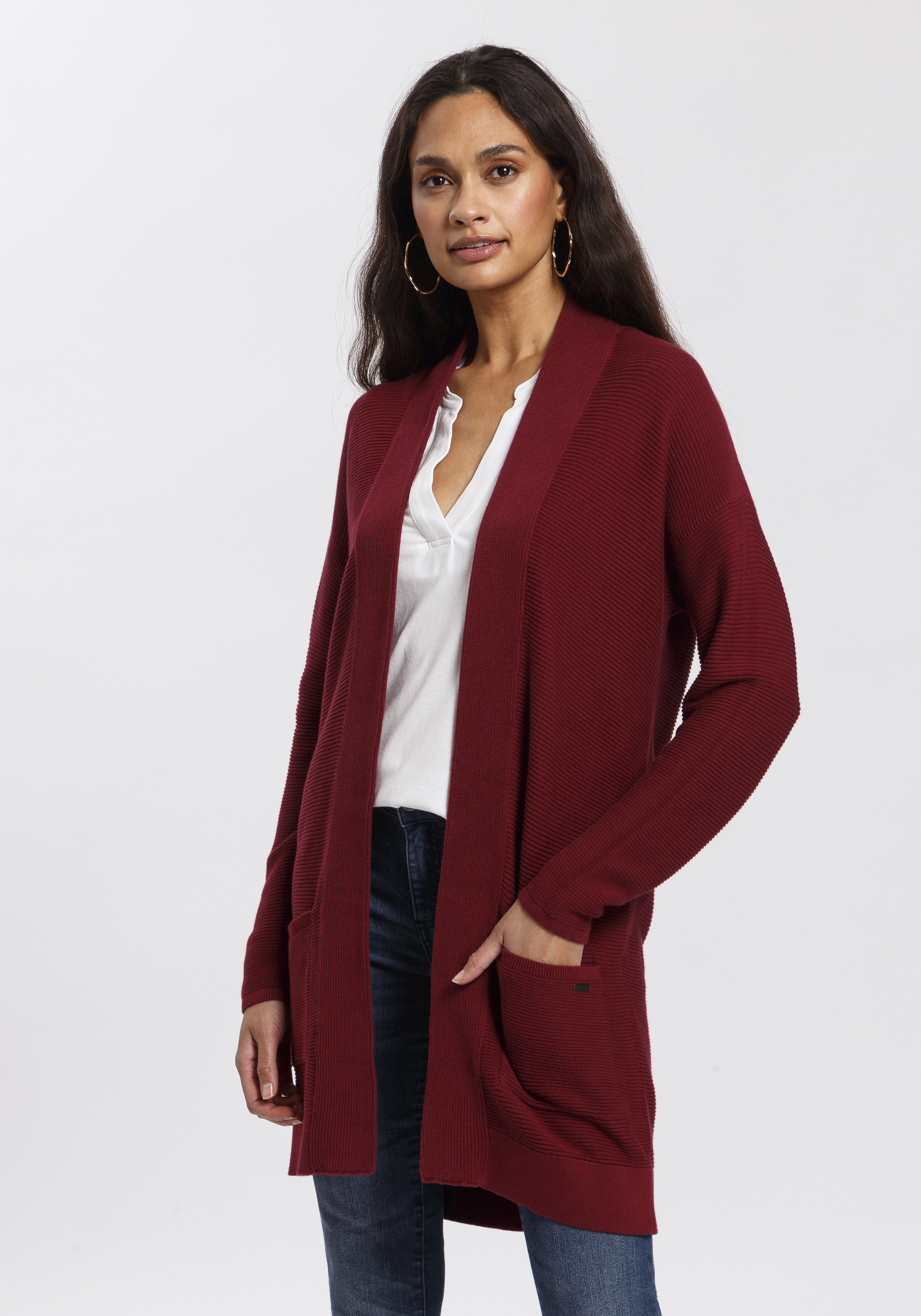 Longstrickjacke TOM TAILOR, Damen, Gr. XL (42), rot (bordeaux), Strick, Obermaterial: 100% Baumwolle, unifarben, figurumspielend Po-bedeckend, V-Ausschnitt, Bündchen, Strickjacken Strickjacke Longstrickjacke, aus Rippstrick mit aufgesetzten Taschen