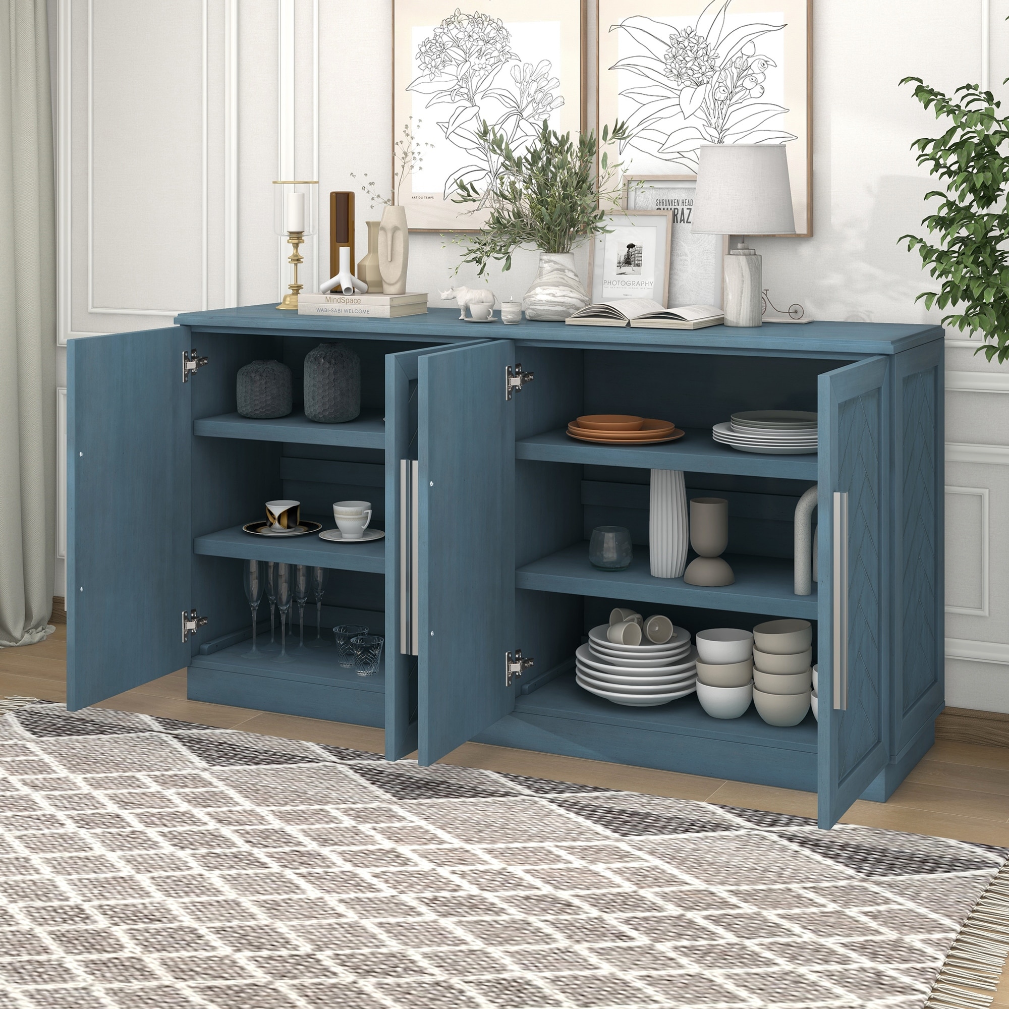 Blue Striped Accent Sideboard with Silver Handles